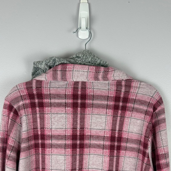 No Boundaries Pink & Gray Plaid Hooded Button & Zip Flannel Shirt Size Large - Picture 13 of 15